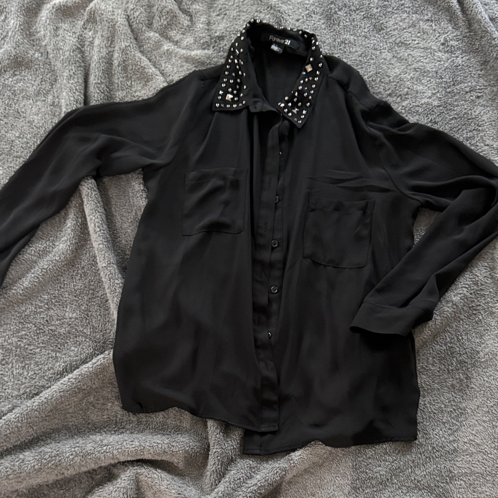 Forever 21 Black Studded Collar Shirt